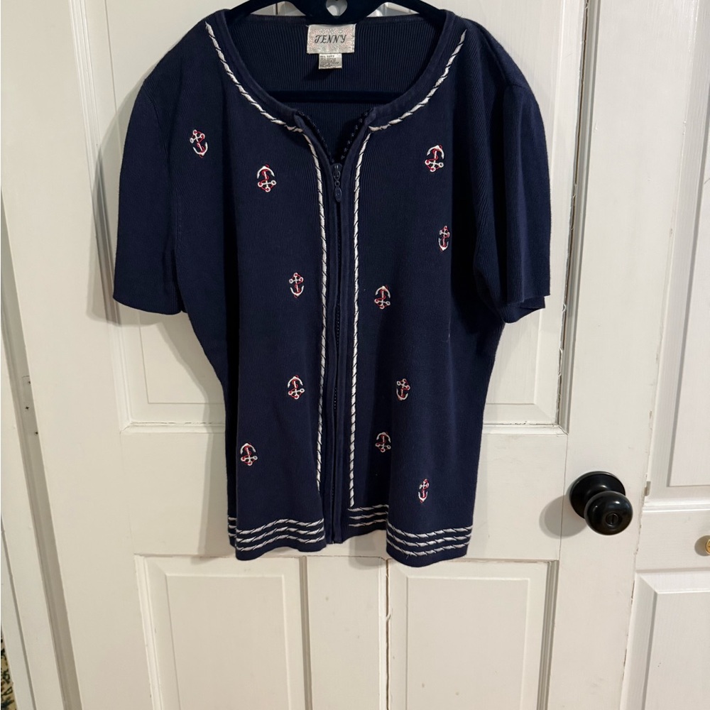 Vintage 90s Navy Anchor Embroidered Cardigan Nautical Preppy Coastal Grandma